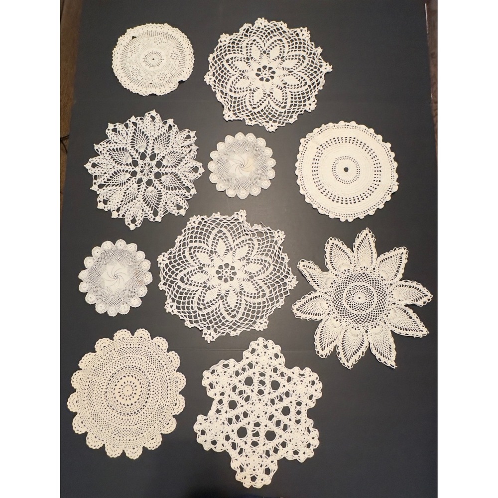 Vintage Crochet Doily Lot White Cream Lace Handmade Mixed Sizes 10pc Decor